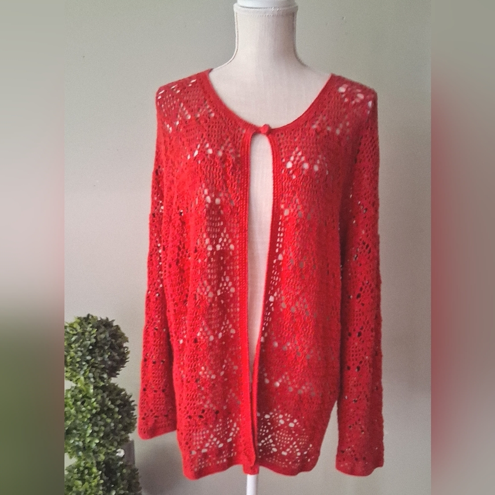 Vintage Hand Crocheted Boho Scarlett Red Cardigan - Excellent Condition!